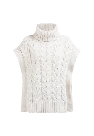 Sweter z dzianiny w warkocz, z golfem w kolorze kremowym, z krótkimi rękawami i ściągaczem na dole. Posiada fakturowany wzór oraz detale z otwartymi oczkami.