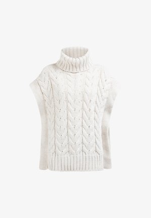 Cremefarbener, kragenloser Pullover aus Kabelstrick mit kurzen Ärmeln und geripptem Saum. Merkmale sind das strukturierte Muster und Details mit offenen Maschen.