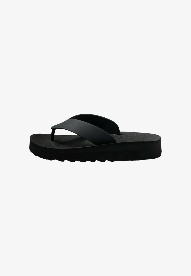 Zwarte flip-flop met een textuur voetbed, ribbelzool en dubbele banden die over de bovenkant kruisen, gemaakt van lichtgewicht, flexibel materiaal.