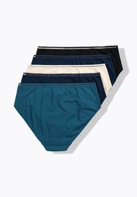 Set van vijf katoenen hipster slips in verschillende kleuren: teal, marineblauw, crème, donker marineblauw en zwart. Elke slip heeft een contrasterende tailleband.