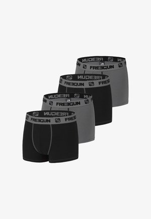 Ensemble de quatre boxers pour hommes en noir et gris, fabriqués en tissu doux, dotés de ceintures élastiques avec le logo "FREEGUN" en couleurs contrastantes.
