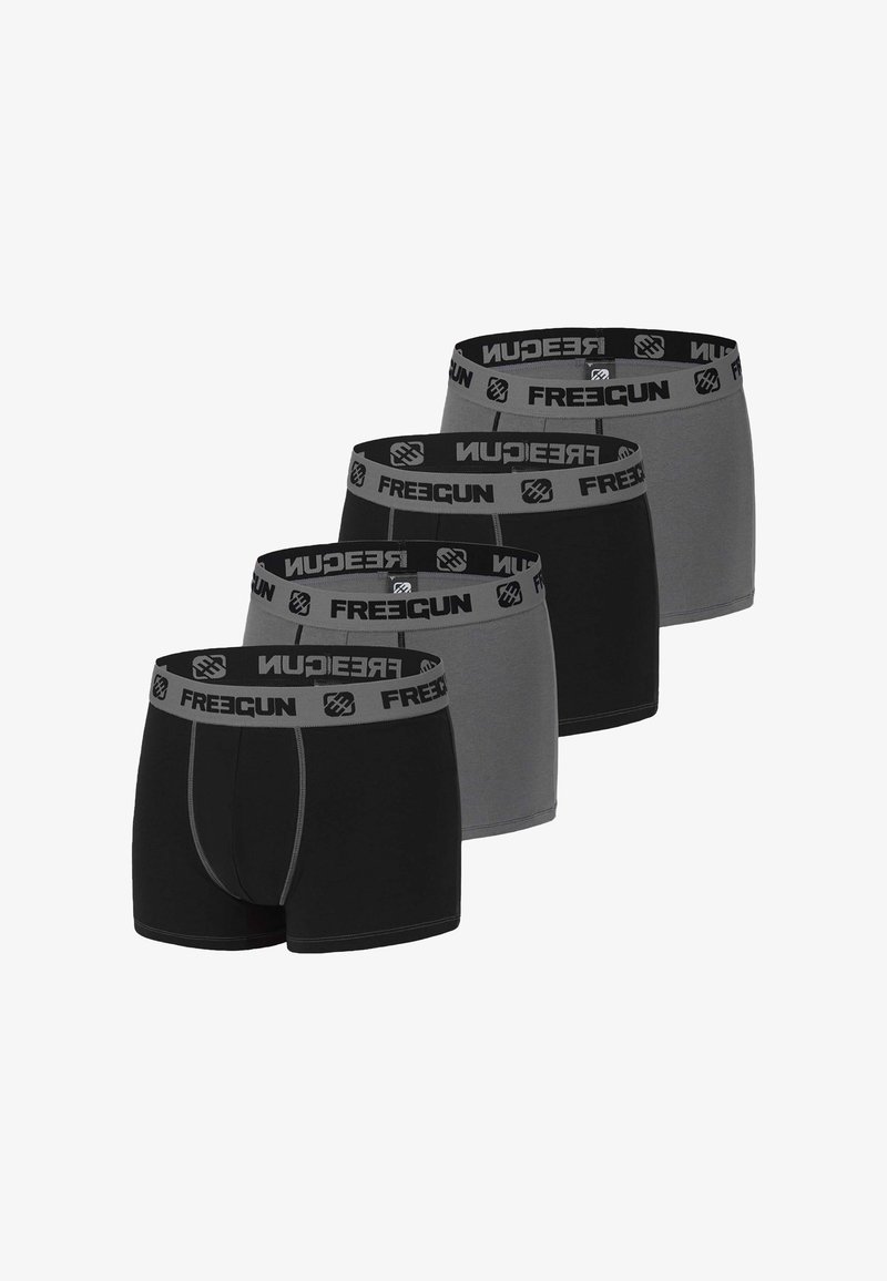 Ensemble de quatre boxers pour hommes en noir et gris, fabriqués en tissu doux, dotés de ceintures élastiques avec le logo "FREEGUN" en couleurs contrastantes.