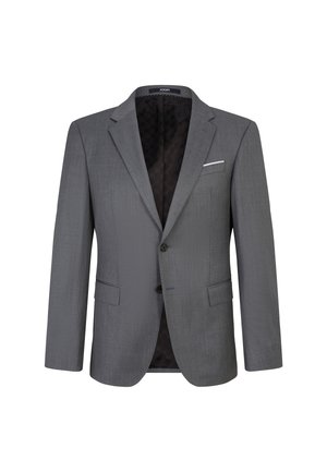 Grau Anzugjacke mit zwei vorderen Taschen, einem einzigen Knopfverschluss, Reverskragen und einem gemusterten Innenfutter. Weißes Taschentuch-Detail.