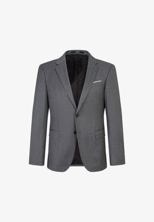 Giacca da abito grigia con due tasche frontali, chiusura a un bottone, rever a punta e fodera interna a motivo. Dettaglio di fazzoletto bianco.