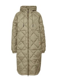 Gequilted olijfgroene lange jas met een capuchon, een rits aan de voorkant en elastische manchetten. Beschikt over een ruitpatroon en een zijzak met een logo-accent.