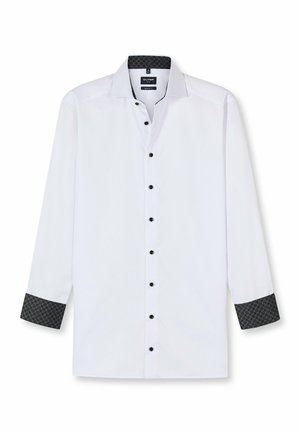 Weißes Langarmhemd mit schwarzen Knöpfen und gemusterten schwarzen und blauen Manschetten. Verfügt über einen strukturierten Kragen und eine glatte Stoffoberfläche.