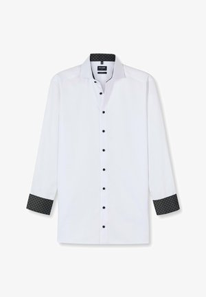 Weißes Langarmhemd mit schwarzen Knöpfen und gemusterten schwarzen und blauen Manschetten. Verfügt über einen strukturierten Kragen und eine glatte Stoffoberfläche.