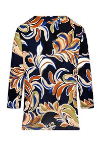 Long-sleeve top featuring a navy background with a floral pattern in orange, green, blue, and cream. Smooth texture with a round neckline.