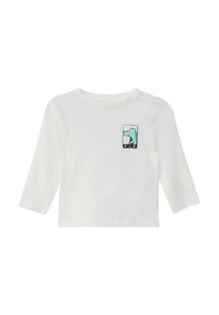 Witte langemouwen shirt van katoen, met een turquoise cartoon dinosaurustekening in een vierkant met zwarte rand op de borst.
