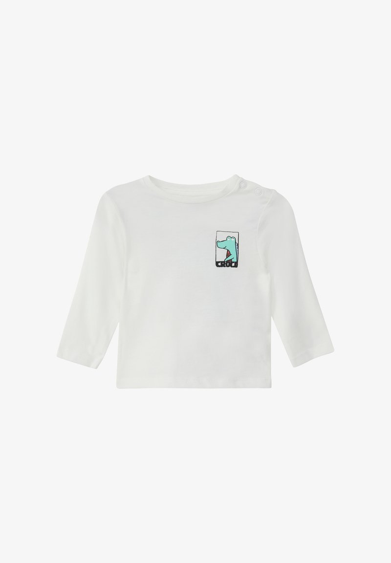 Witte langemouwen shirt van katoen, met een turquoise cartoon dinosaurustekening in een vierkant met zwarte rand op de borst.