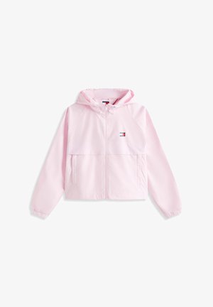 Hele-roosa kapuutsiga jakk esiluku, elastsete varrukaservade, kahe esitasku ja väikese ristkülikukujulise logoga rinnal.