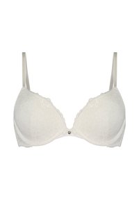 Witte kanten bh met een diepe v-hals, gevoerde cups, golvende randen en verstelbare bandjes. Heeft een klein metalen accent in het midden.