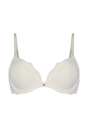 Witte kanten bh met een diepe v-hals, gevoerde cups, golvende randen en verstelbare bandjes. Heeft een klein metalen accent in het midden.