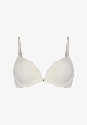 Witte kanten bh met een diepe v-hals, gevoerde cups, golvende randen en verstelbare bandjes. Heeft een klein metalen accent in het midden.