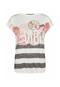 Weißes T-Shirt mit kurzen Ärmeln, das ein gestreiftes Muster in Grau und Creme zeigt, mit einem grafischen Design von Früchten und dem Wort "VIBES" in fetten Buchstaben.