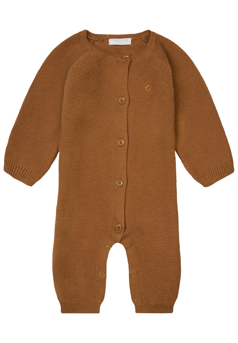 Rompers en tricot marron à manches longues, col rond et fermeture à boutons. Tissu texturé avec des boutons assortis.