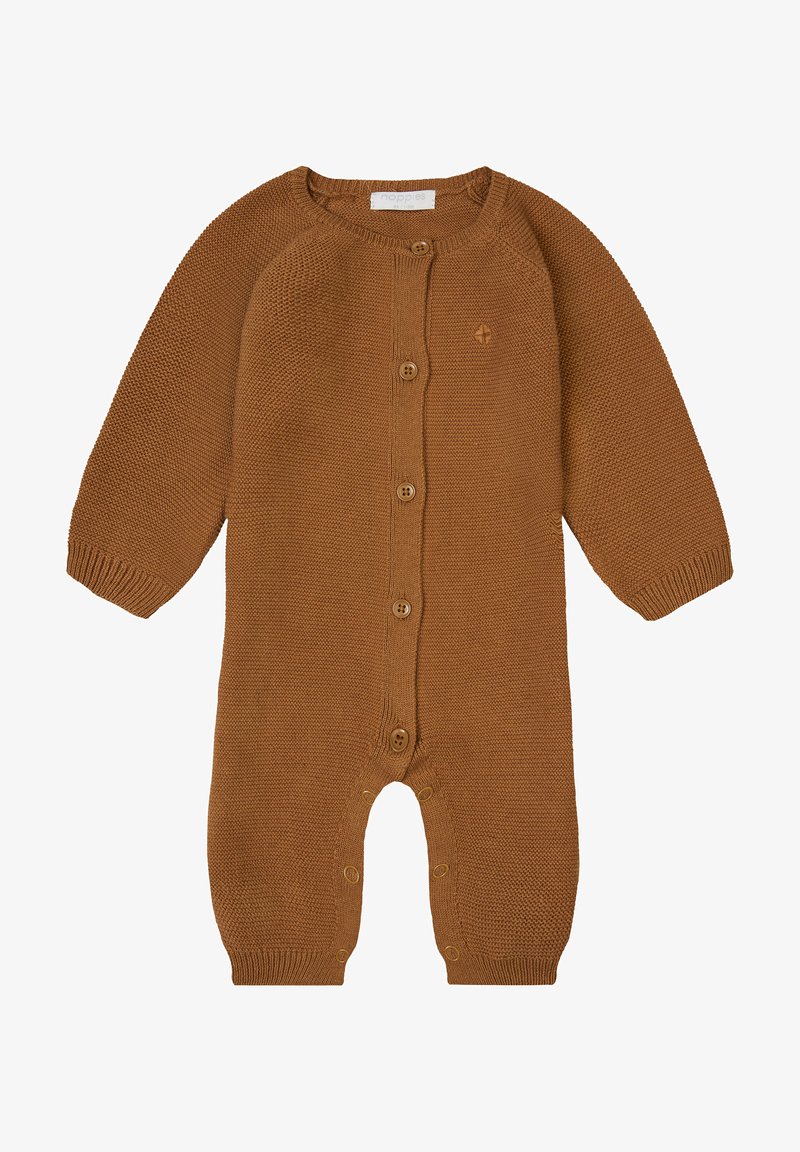 Brauner gestrickter Einteiler mit langen Ärmeln, rundem Halsausschnitt und Knopfverschluss. Strukturierter Stoff mit passenden Knöpfen.