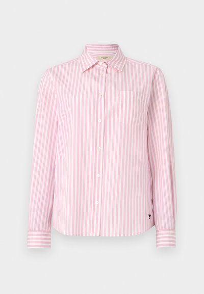 Camicia button-up a righe rosa e bianche, con colletto, maniche lunghe e dettaglio della tasca sul lato sinistro del petto. Tessuto di cotone liscio.
