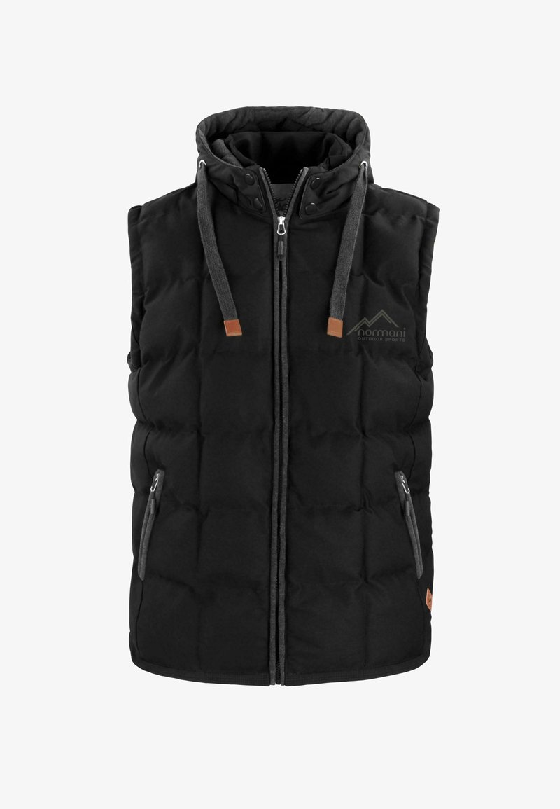 Schwarze Steppweste mit hohem Kragen, grauen Kordeln, Reißverschluss vorne, zwei seitlichen Taschen und einem Logo auf der linken Seite.