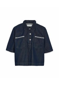 Temno modra denim srajca s kratkimi rokavi, z dvema sprednjima žepoma, zaključki z vrtnicami ob robovih in sprednjim zapiranjem na srebrne gumbe.