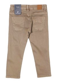 Jeans beige con una texture liscia, caratterizzati da una vestibilità regolare, due tasche posteriori e un'etichetta in pelle sulla vita. Etichette attaccate.
