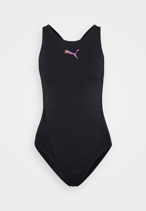 Black one-piece swimsuit with a scooped neckline and thin straps, featuring a pink Puma logo at the chest. Smooth, stretchy fabric.