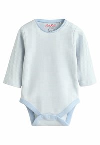 Helles blauer langärmeliger Baby-Body mit weißen Streifen. Verfügt über einen runden Ausschnitt, Druckknöpfe an der Schulter und am unteren Ende sowie einen weichen Stoff.