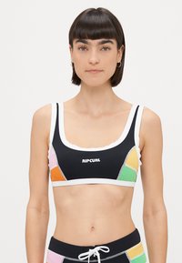 Black bikini top with white accents, featuring multicolored side panels in orange, pink, and green. Designed with a scoop neckline and logo.