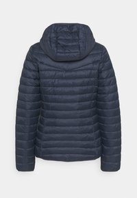Navy blue puffer jacket with a hood, featuring horizontal quilting, a smooth texture, and a cinched hem and cuffs.