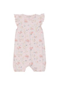 Blommig babybodysuit i mjuk rosa ribbad tyg, med volangärmar, avslappnad passform och tryckknappar i botten.
