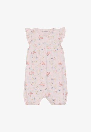 Floral baby romper i blødt pink ribbet stof, med voluminøse ærmer, en afslappet pasform og trykknapper i bunden.
