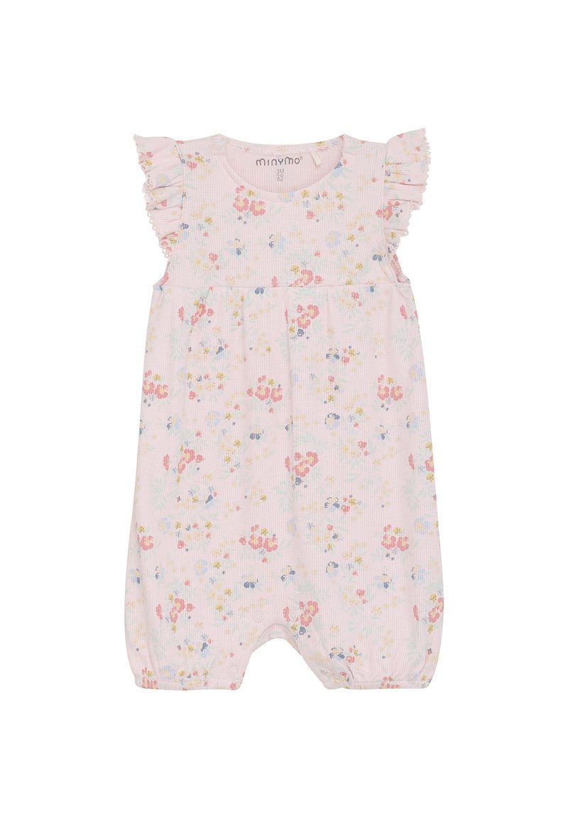 Blommig babybodysuit i mjuk rosa ribbad tyg, med volangärmar, avslappnad passform och tryckknappar i botten.