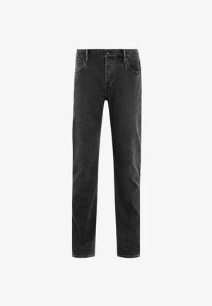 Black denim jeans with a straight cut, five pockets, button closure, and belt loops. Fabric has a slight texture. Simple design.