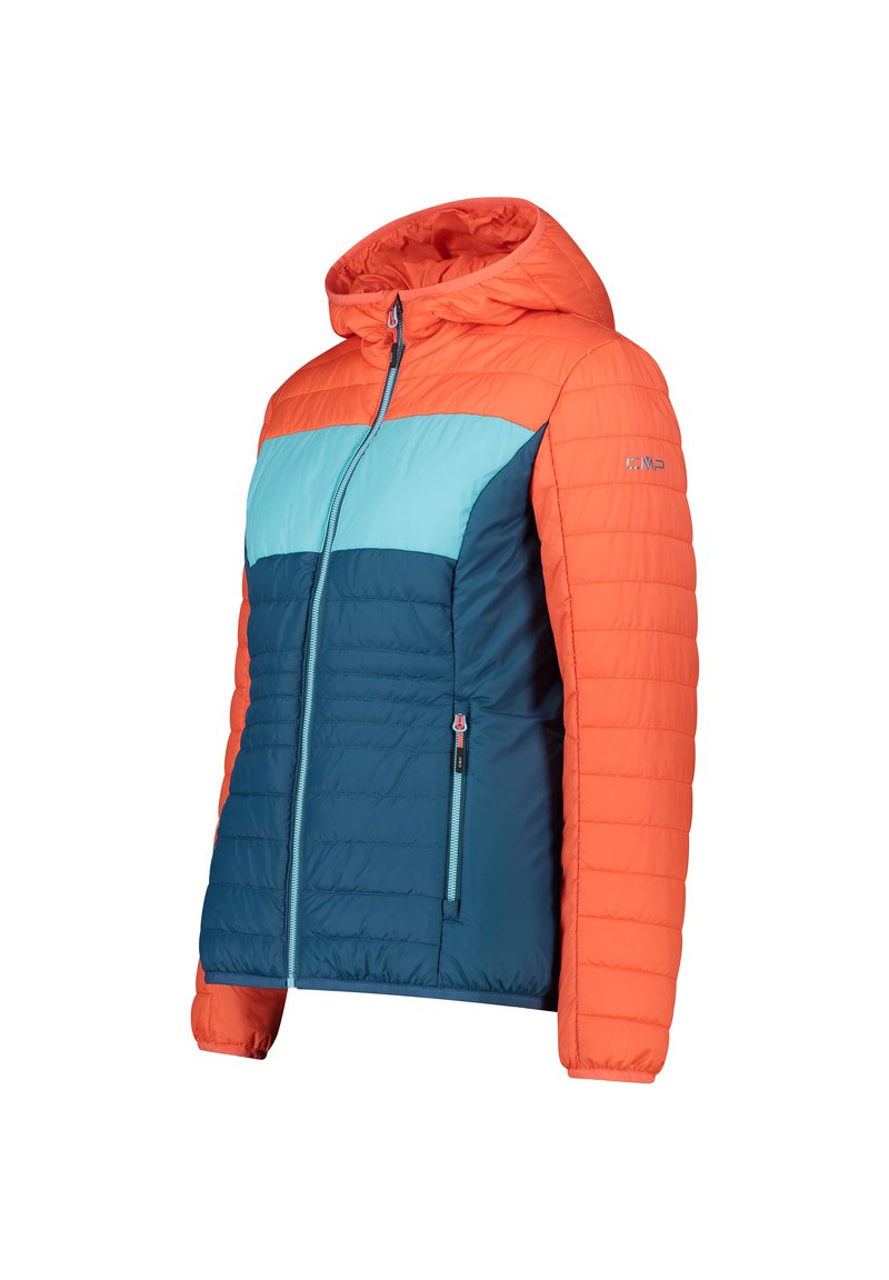 Giacca imbottita con cappuccio, design color block in arancione, blu e azzurro, con zip frontale e tasca laterale.