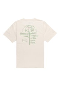 Camiseta de algodón crema con un estampado gráfico en verde claro de flores y el texto "Element Skate Co. Worldwide" y "Proveedor de las cosas buenas."