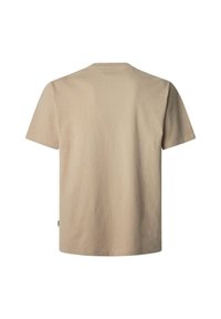 Beige cotton t-shirt with short sleeves and a crew neck. Smooth texture and straight hem, featuring a small brand tag on the side.