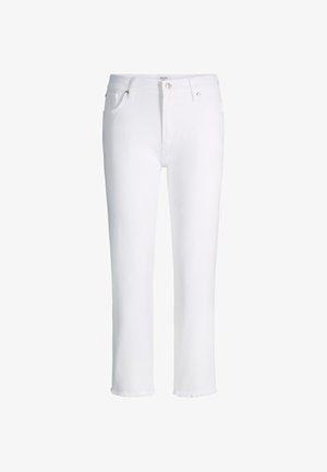 Witte cropped rechte jeans met rafelige zoom, steekzakken aan de voorkant, riemlussen en een knoopsluiting.