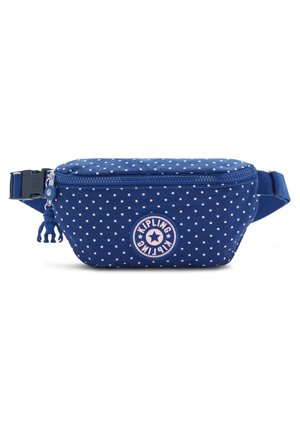Banane en tissu bleu à pois blancs, fermeture éclair frontale, sangle ajustable, petite fermeture éclair en forme de singe et patch rond avec logo Kipling.