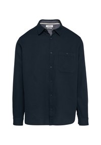 Camicia button-up a maniche lunghe di colore navy realizzata in tessuto testurizzato. Presenta un colletto, una tasca frontale e sei bottoni lungo la parte anteriore.