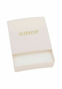 Caja rectangular blanca con bordes curvados, que presenta "amor" en letras doradas en la tapa y un interior suave para almacenamiento.