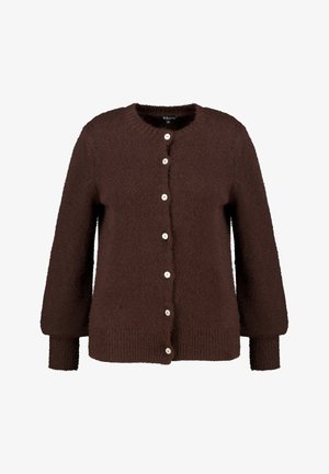 Bruine cardigan gemaakt van pluizig materiaal, met een ronde halslijn, lange mouwen en vijf witte knopen aan de voorkant.