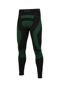 Schwarze lange Leggings mit grünen geometrischen Mustern, Mesh-Details und einem markierten Bund. Hergestellt aus dehnbarem, feuchtigkeitstransportierendem Material.