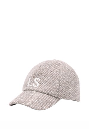 Casquette de baseball en laine gris clair à motif chevrons, avec une visière courbée et des lettres blanches brodées "LS" sur le panneau avant gauche.
