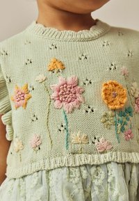 Groene gebreide vest met kleurrijke bloemborduursels, gegolfde halslijn en kleine gebreide versieringen, gedragen over een lichtgroene kanten rok.