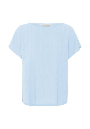Light blue short-sleeve top with a relaxed fit, made from textured fabric featuring subtle vertical stripes and a rounded neckline.