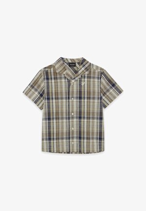 Kurzärmeliges Hemd mit Knopfleiste, kariertem Muster in Beige, Braun und Marineblau, reverkragen und aufgesticktem Logo auf der Brust.