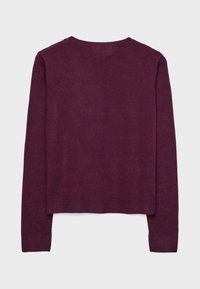 Pull violet à manches longues avec col rond, poignets et ourlet côtelés, présenté à plat sur un fond neutre.