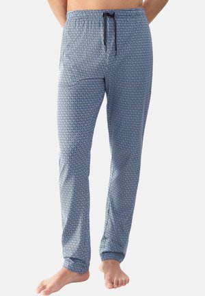 Blaue Schlafanzughose mit einem kreisförmigen Muster, ausgestattet mit einem elastischen Bund, schwarzem Zugband und Bündchen am Knöchel. Weiche Stofftextur.