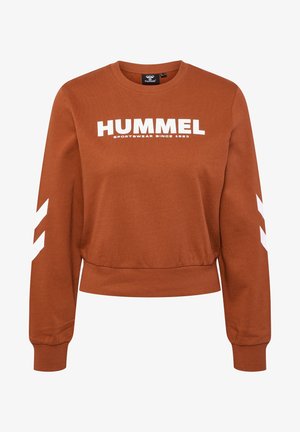 Bluza z długim rękawem w kolorze rdzy z białym napisem "HUMMEL SPORTSWEAR SINCE 1923" na klatce piersiowej oraz białymi paskami w kształcie jodełki na rękawach.