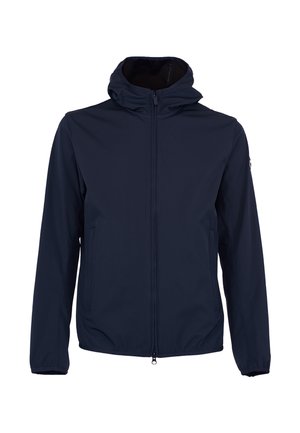 Giacca con cappuccio blu navy con cerniera frontale, maniche lunghe e due tasche laterali, progettata per uso all'aperto.